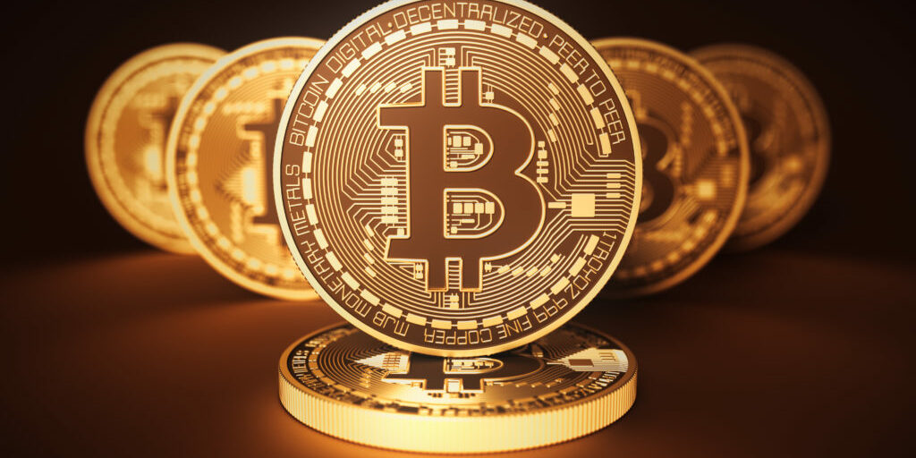 Virtual Coins Bitcoins On Brown Background